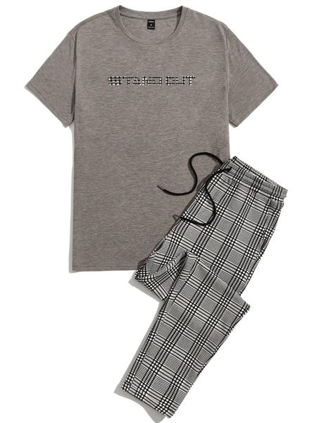 

men letter graphic tee & plaid drawstring waist pants u8yg#, Gray