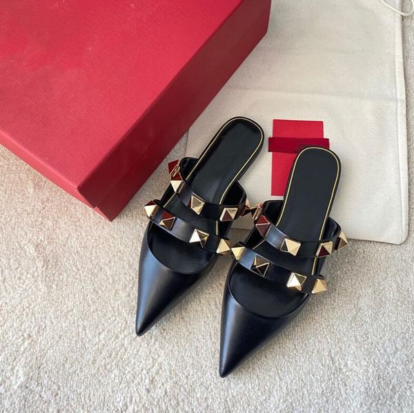 

2022 women sandals summer sandals spring ins rivet women shoes fashion shoes woman pointed toe sandals woman genuine leather, Black
