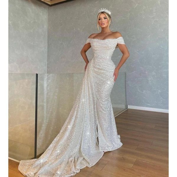 Glitter White Casamento de lantejoulas Off Ombro Long Train Bridal Party Distra para mulheres árabes Vestidos formais de concurso 322 mal Mal