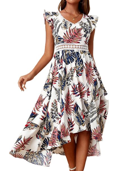 

t.ropical print guipure l.ace w.aist a.symmetrical hem d.ress g0vg#, Black;gray