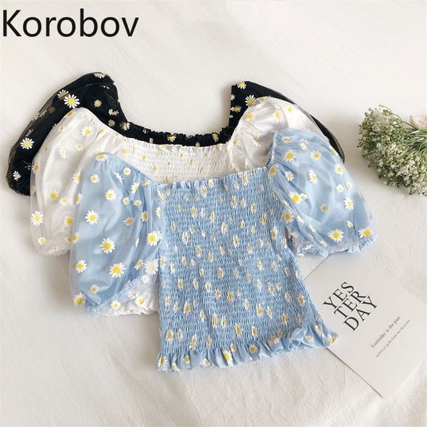 

korobov summer sweet flower women blouses korean mesh patchwork puff sleeve shirts chic kawaii blusas mujer 210308, White