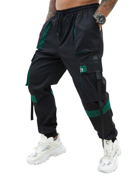 

men colorblock flap pocket drawstring cargo pants o73o#, Black