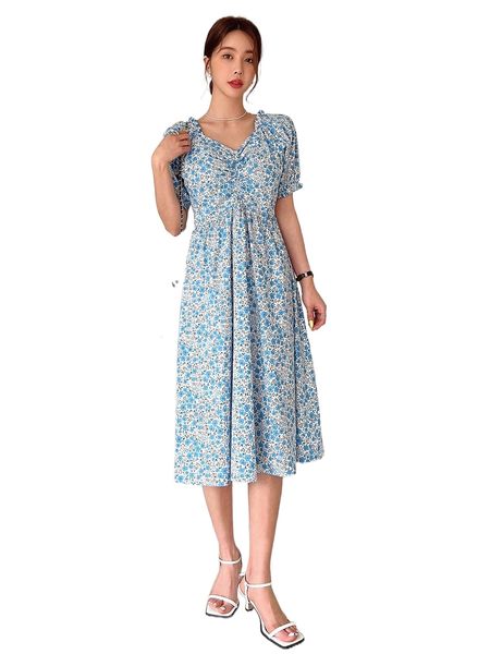 

dazy ditsy floral ruched puff sleeve dress f8jg#, Black;gray