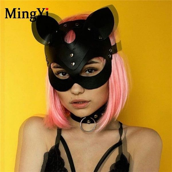 Deri Kedi Maskesi Kulaklar Gotik Seksi Yarım Yüz Maskesi BDSM Fetiş Catwomen Maske Karnavalı Cadılar Bayram