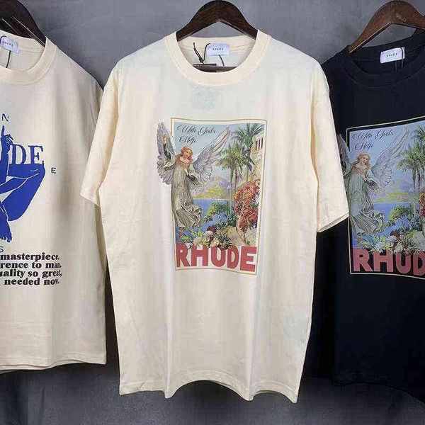 

brand designer t shirt rhude flying angel with gods help print summer men women high street short sleeve, White;black