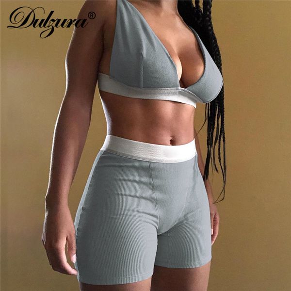 

dulzura ribbed patchwork women two piece set bra crop biker shorts suits bodycon streetwear matching sporty tracksuit 220526, Gray