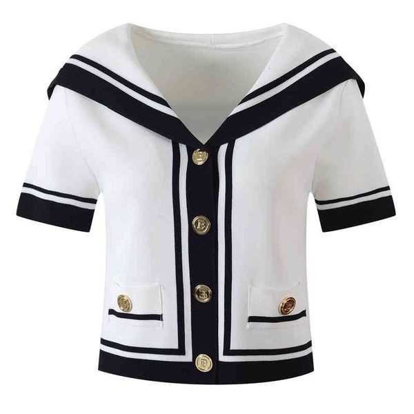 

women's sweaters summer navy collar color contrast metal button short sleeve women's french temperament multicolor e415, White;black