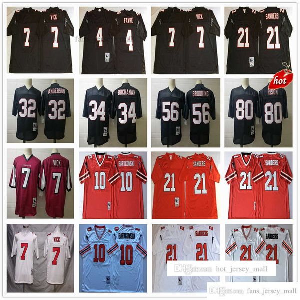 

ncaa vintage football 21 deion sanders jersey 32 jamal anderson 34 ray buchanan 7 michael vick 4 brett favre 10 steve bartkowski home red wh, Black;red