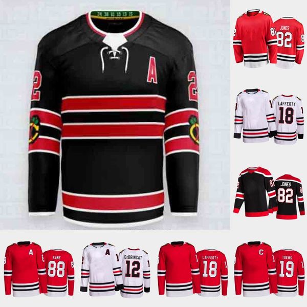 

chicago patrick kane blackhawks jersey jonathan toews alex debrincat caleb jones seth jones sam lafferty tyler johnson jake mccabe alexander, Black;red