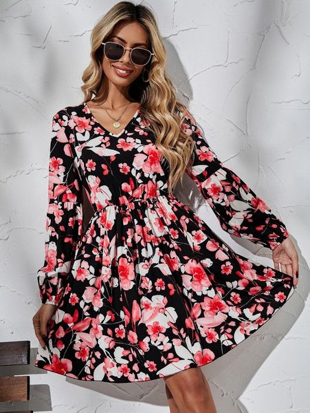 

floral print lantern sleeve a-line dress p82z#, Black;gray