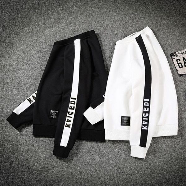 

trend men hoodies casual solid splice pullover o neck slim fit men s sportswear hooded sweatshirt letter printing lj200826, Black
