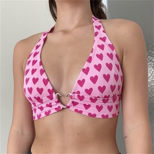 Rapwriter y2k Pink Sweet Heart Print Bustier Crop Top Damen Sommer Ästhetisch Kawaii Ärmellos Rückenfrei Krawattenhalter Camis 220325