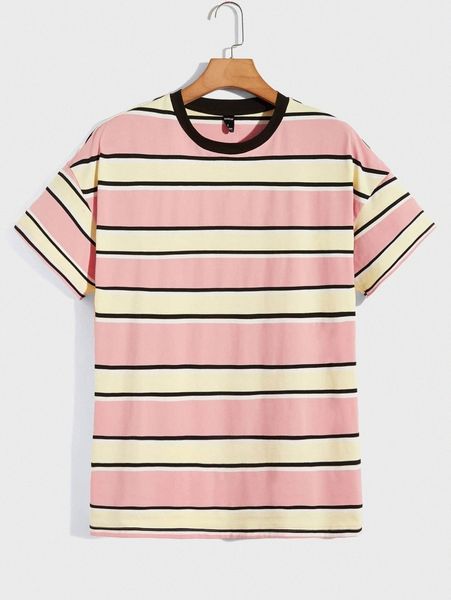 

1pc striped contrast trim drop shoulder tee 14qh#, White;black