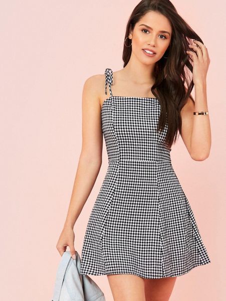 

gingham self-tie cami mini dress g4us#, Black;gray