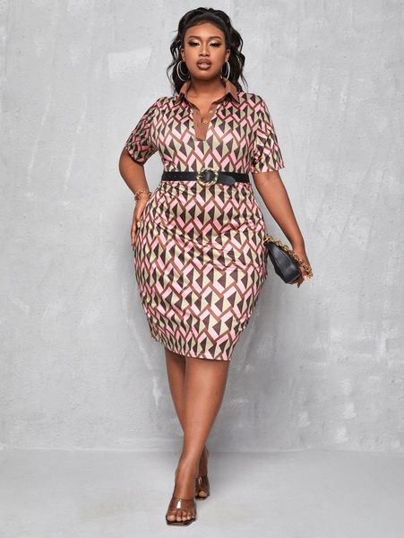 

sxy plus geo print polo neck bodycon dress without belt 27u6#, Black
