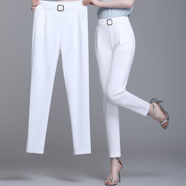 

designer elegant high waist elastic harem pants for women commuter casual capri pants fashion solid color pockets sashes trouser, Black;white