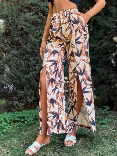 

plants print belted split thigh wide leg pants n1ng#, Black;white