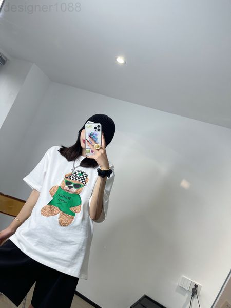 

women's t-shirt designer 22 spring / summer new cartoon teddy bear letter print contrast men's and women's os round neck shor, White