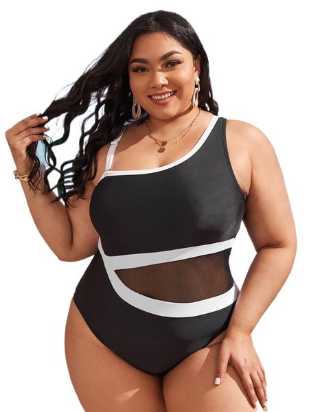 

plus contrast binding asymmetrical one piece swimsuit t8ur#, White;black