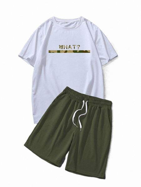 

men letter graphic tee & drawstring waist shorts b2ko#, Gray