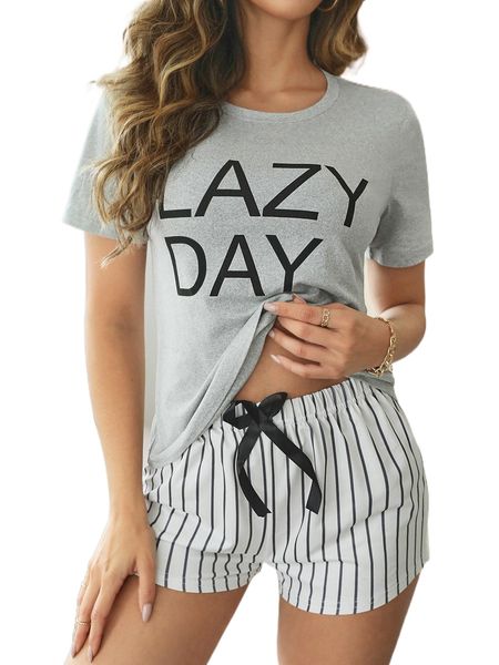 

letter graphic tee & bow detail striped shorts pj set u4ex#, Black;red