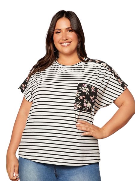 

plus floral and striped print batwing sleeve tee p1fk#, Black