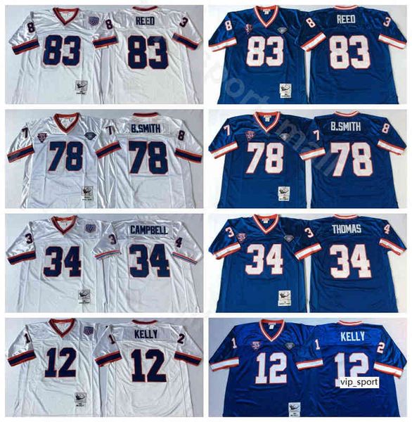 

ncaaa football 12 jim kelly 34 thurman thomas jerseys 78 bruce smith 83 ander reed team blue white man vintage stitch, Black