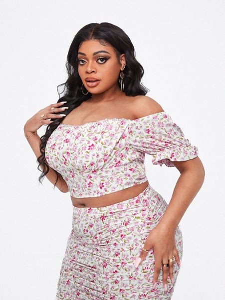 

sxy plus floral print off shoulder flounce sleeve crop blouse e0vm#, Black
