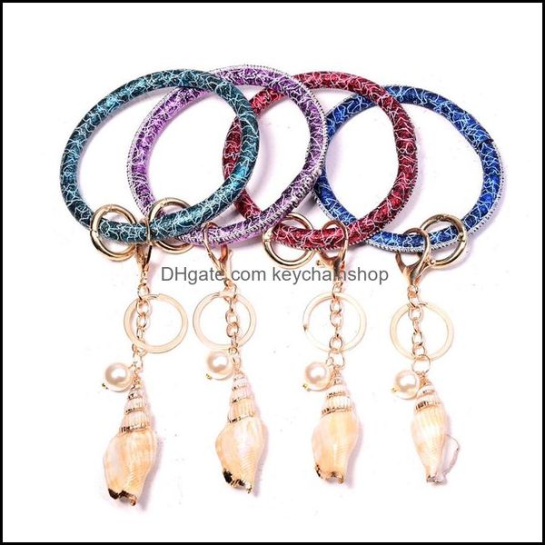 

shell pendant bracelet pu leather wrist key ring sports keychain bracelets bangle o keyring jewelry round chains drop delivery 2021 rings 7e, Slivery;golden