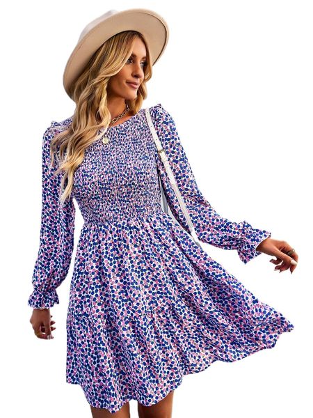 

ditsy floral print flounce sleeve shirred dress l2p0#, Black;gray