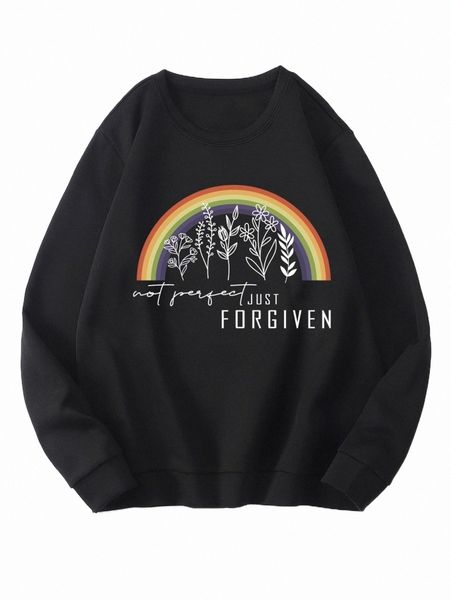 

slogan & rainbow print thermal lined pullover l3sx#, Black