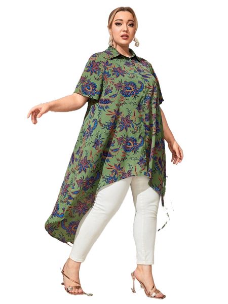 

plus floral print high low hem blouse 19qd#, Black