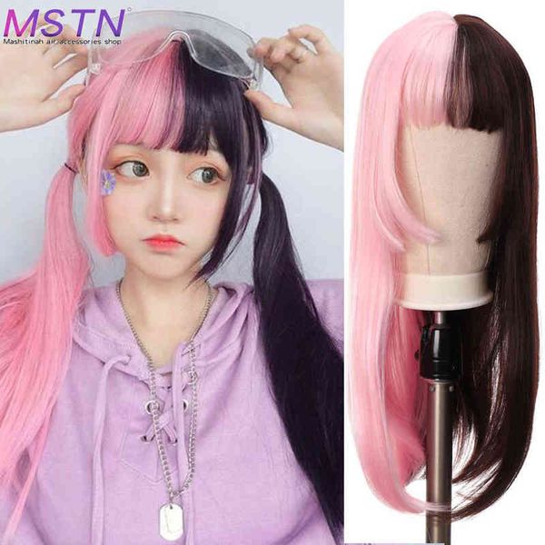 

mstn pink and black long straight fake with bangs hair ombre color synthetic wig cosplay lolita daily for women s220505