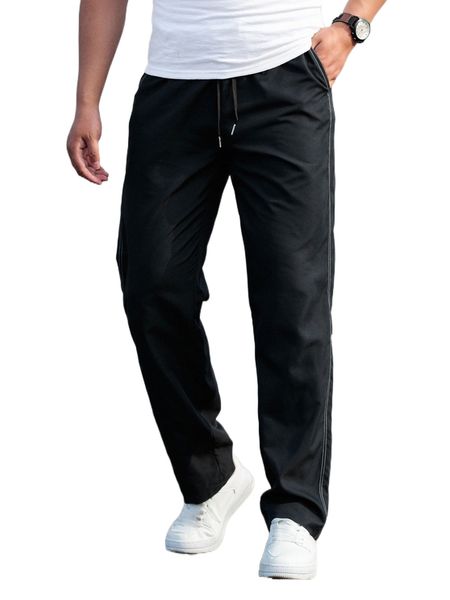 

men drawstring waist straight leg pants t6la#, Black