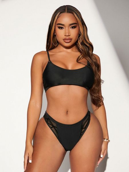 

sxy solid contrast mesh bikini swimsuit e3cq#, White;black