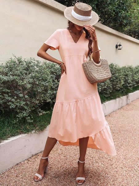 

v neck asymmetrical hem dress n6tv#, Black;gray