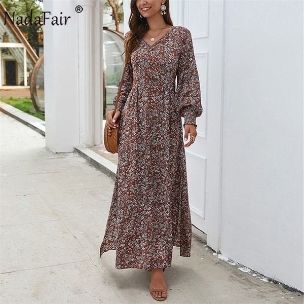 Nadafair Vintage Floral Long Dress Summer ALine Split Lantern Manica lunga Primavera Elegante Retro Maxi Boho Dress Women Vestidos T200106