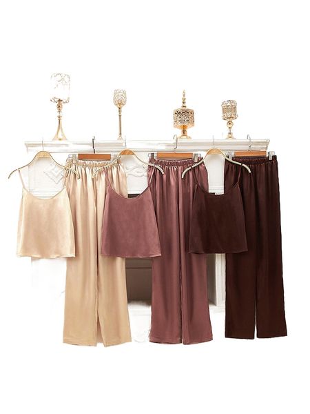 

3sets solid satin cami pj set j5z1#, Black;red