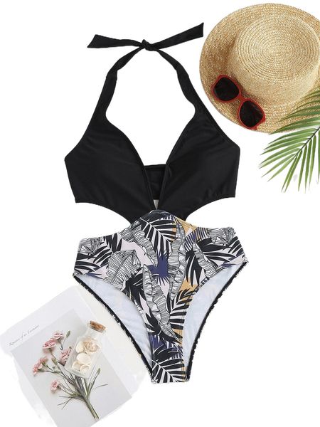 

tropical print cut out tie back one piece swimsuit b0yr#, White;black