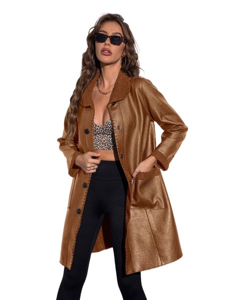 

apperloth a borg collar dual pocket pu leather coat g9rp#, Black