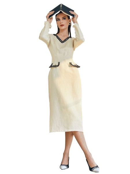 

contrast trim fringe cuff split back dress 53mg#, Black;gray