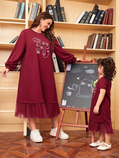 

plus 1pc figure graphic lantern sleeve mesh ruffle hem dress i76m#, Black