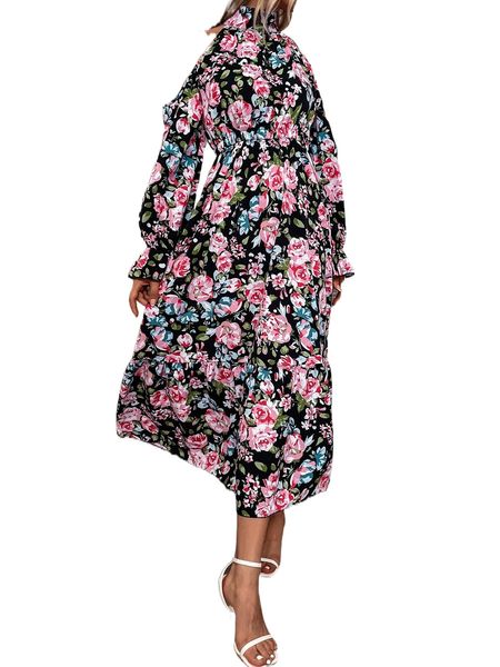 

allover floral print cold shoulder dress e4ia#, Black;gray