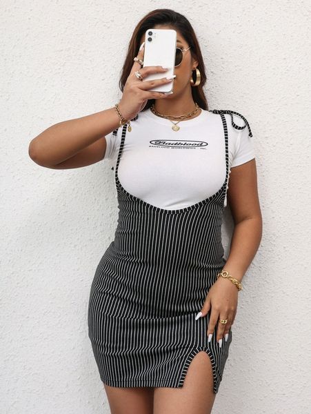 

plus striped tie shoulder slit hem overall dress without tee c36h#, Black