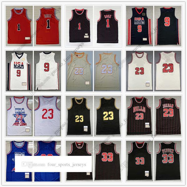 

retro mitchell and ness basketball jerseys 1 derrick rose 08-09 33 scottie pippen 95-96 97-98 american team star jersey size, Black;red
