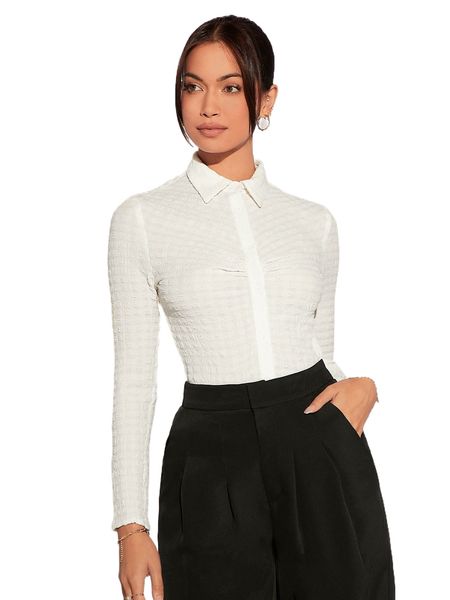 

solid button front shirt g21d#, White