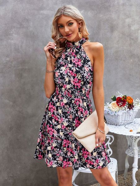 

floral print shirred waist ruffle hem halter dress e2rj#, Black;gray