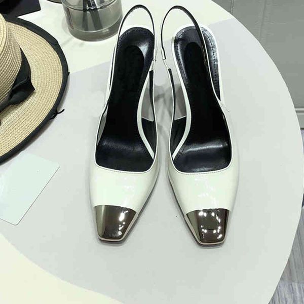 

sandals patent leather high heels women's autumn thin heel metal head square shallow mouth single shoes leisure fashion sandals, Black