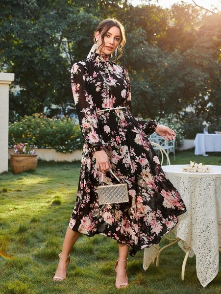 

floral print shirred mock neck lantern sleeve chiffon dress o5sp#, Black;gray