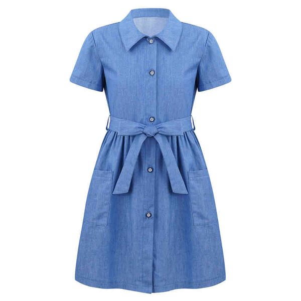 Vestido de jeans azul de meninas grandes com cintura Belt Kids Shorve Manuve Casual Girls Dress Dresses Filizes Roupas adolescentes 8 10 12 14 y G220428